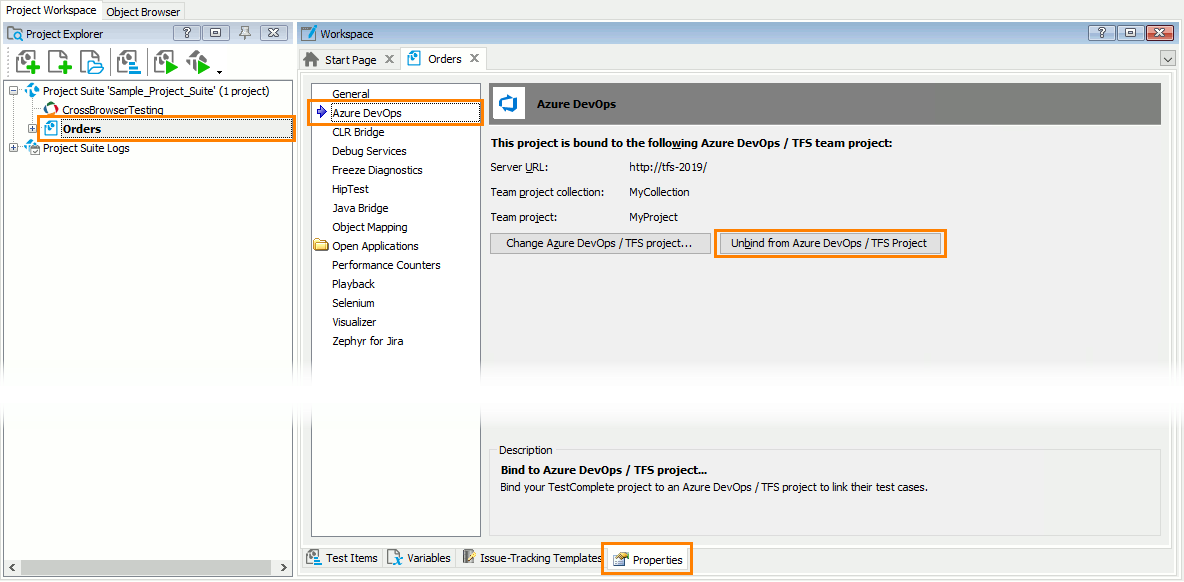 Unbinding TestComplete projects from Azure DevOps team projects What's New in TestComplete 14.30: Unbinding TestComplete projects from Azure DevOps team projects
