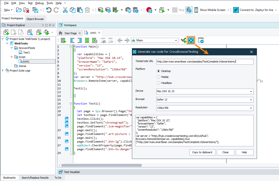 Generate run code for CrossBrowserTesting wizard What's New in TestComplete 14.40: Generate run code for CrossBrowserTesting wizard