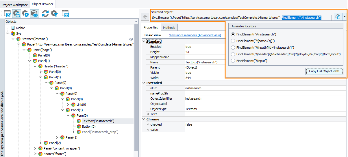Using the FindElement method to locate objects in the Object Browser Using the FindElement method to locate objects in Object Browser