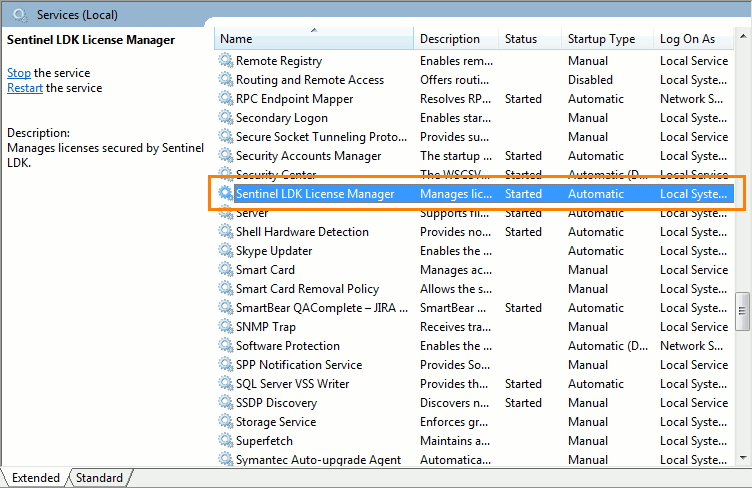 The Sentinel LDK License Manager service on the service list The Sentinel LDK License Manager service in the service list
