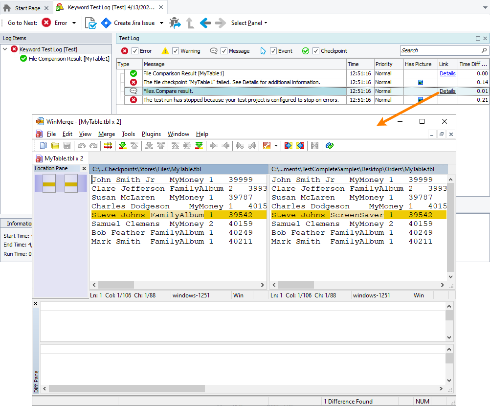 File comparison report generated by a third-party tool File comparison report generated by a third-party tool in TestComplete