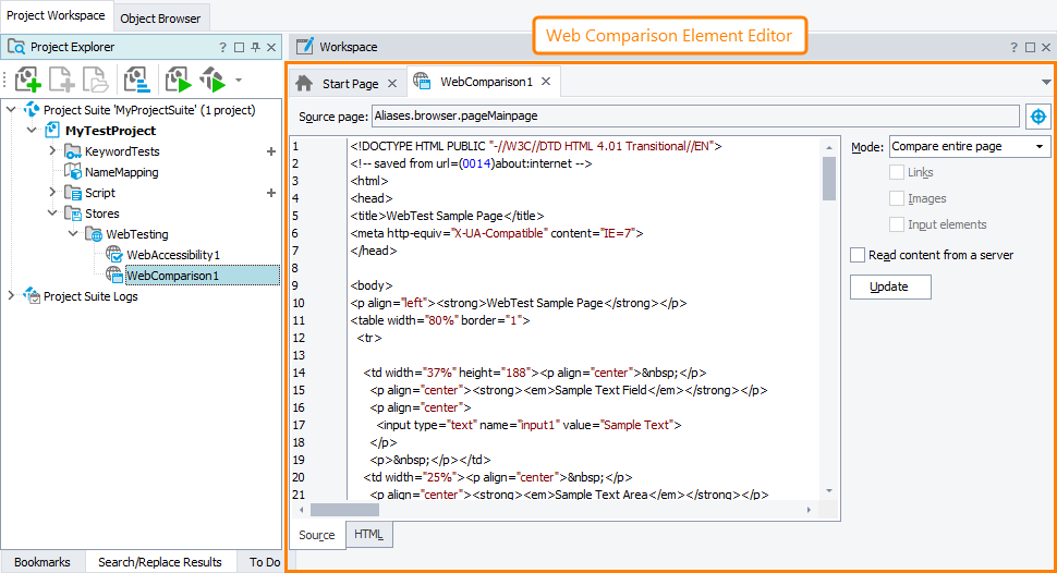 Web Comparison Element Editor Web Comparison Element editor
