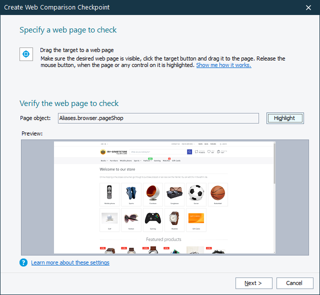 Web Comparison Checkpoint: Specifying Web Page Web Comparison Checkpoint: Specifying a web page