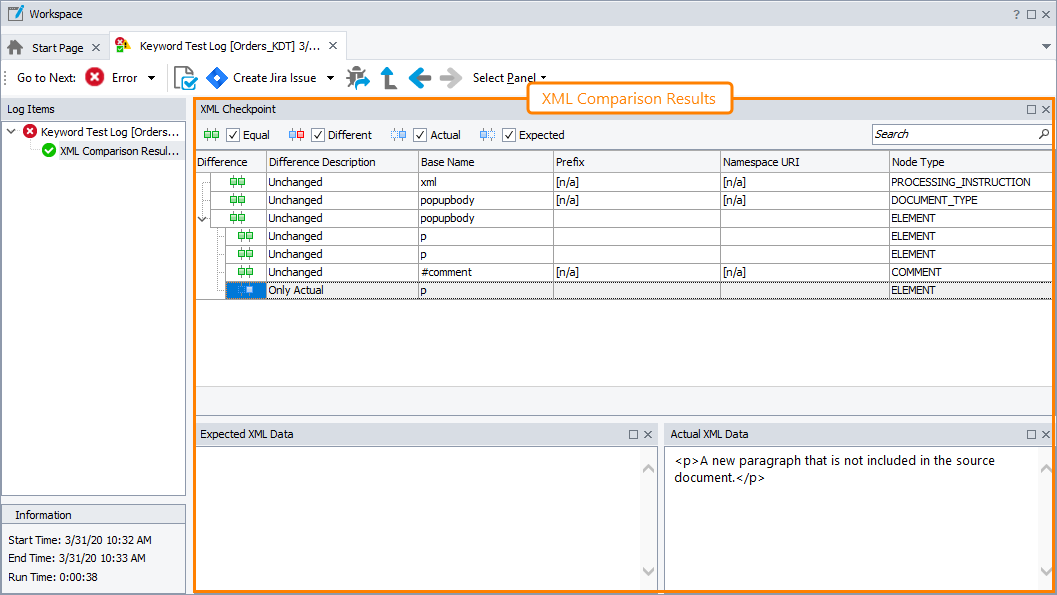 The XML Comparison Results page The XML Comparison Results page