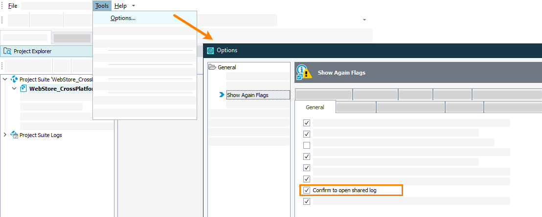 Configuring TestComplete to confirm opening shared logs Configuring TestComplete to confirm opening shared logs