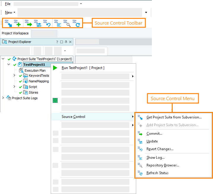 Source Control menu and Source Control toolbar with Subversion integration enabled Source Control menu and Source Control toolbar with Subversion integration enabled