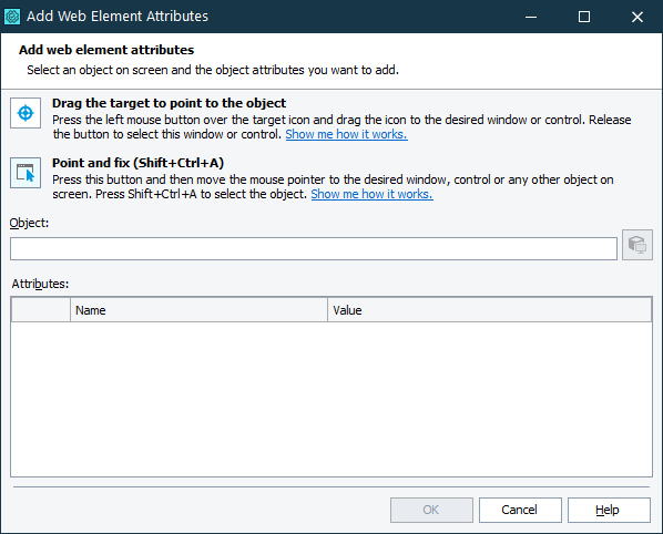 Custom Attributes: The Add Web Element Attributes dialog Custom Attributes: The Add Web Element Attributes dialog