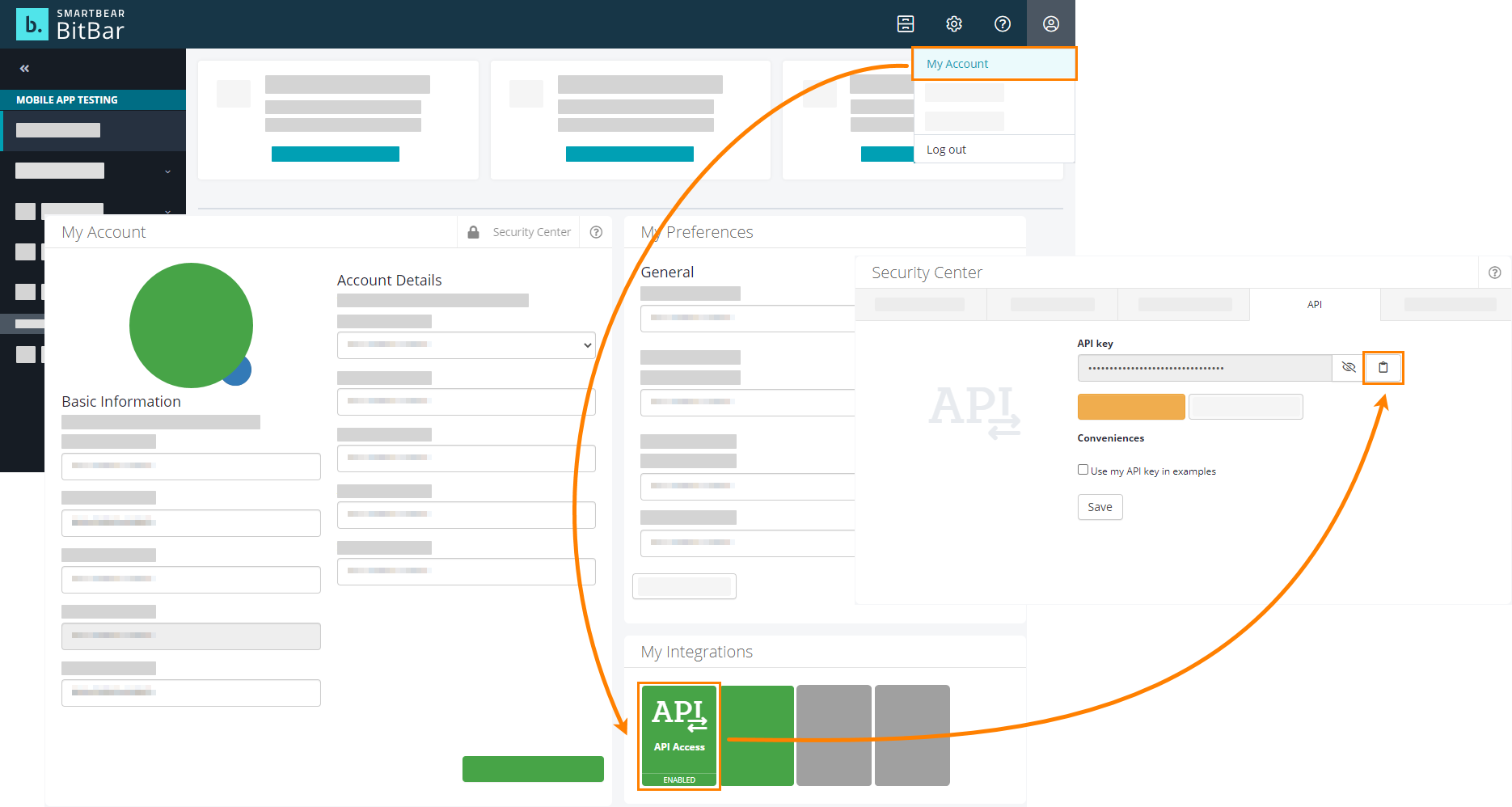 Copying the BitBar API key Copying the BitBat API key