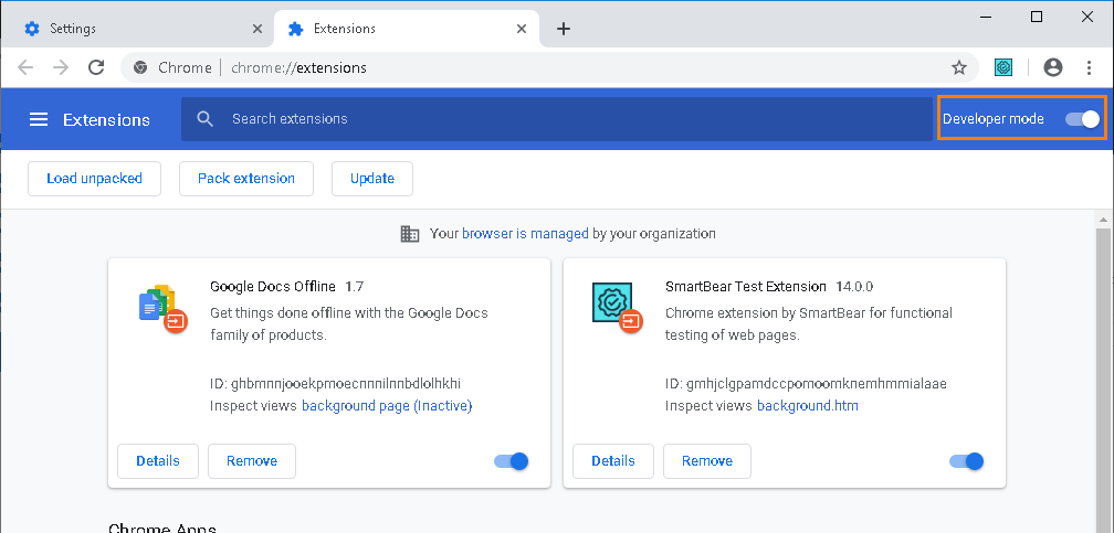 Enabling the Developer mode in Chrome Enabling the Developer mode in Chrome