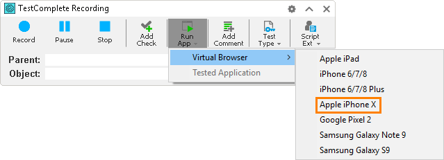 Mobile browser list on the Recording toolbar