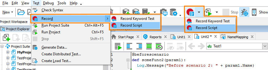 Starting script recording Start script recording