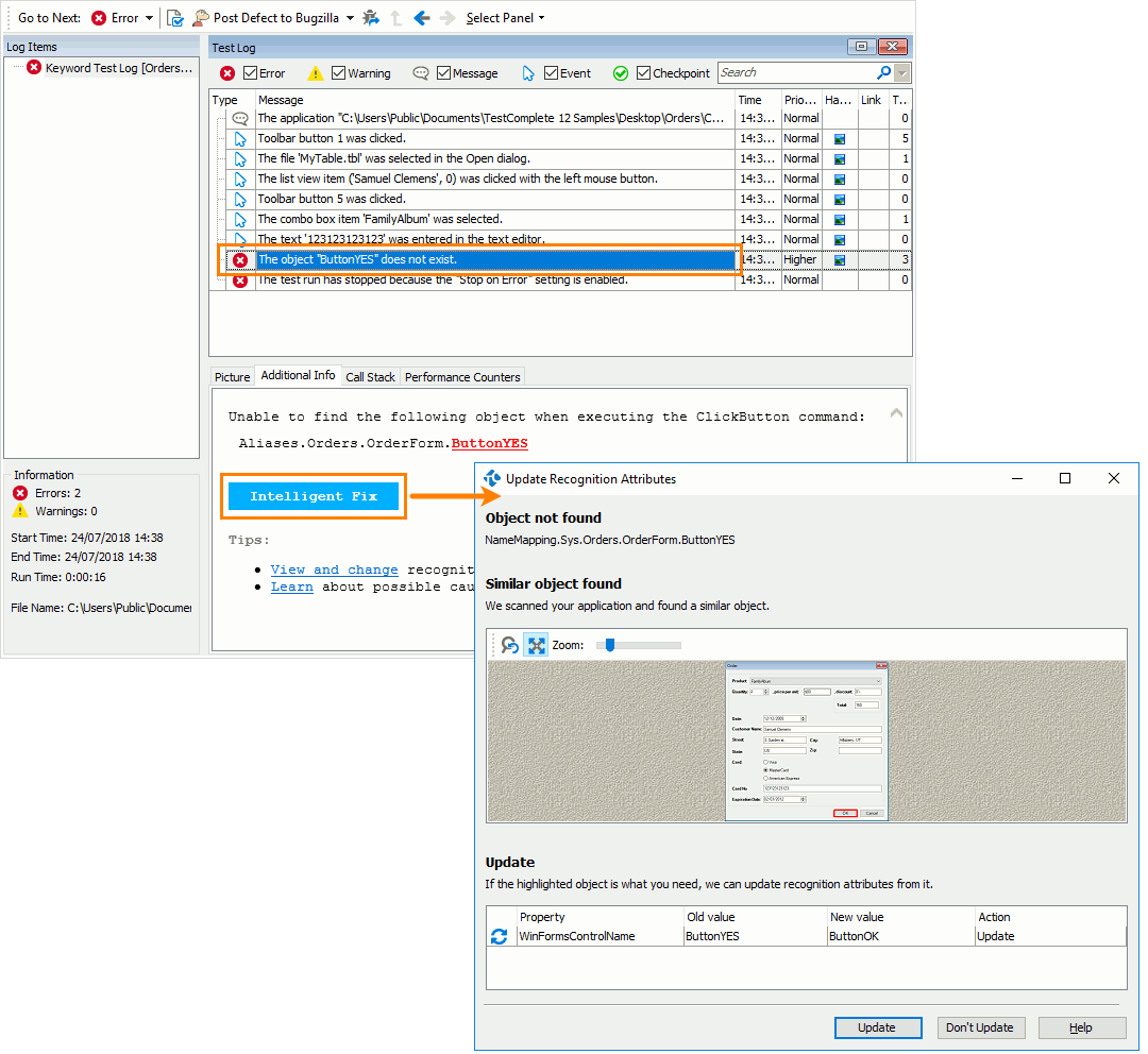 Update recognition attributes of a missing object Update recognition attributes of a missing object