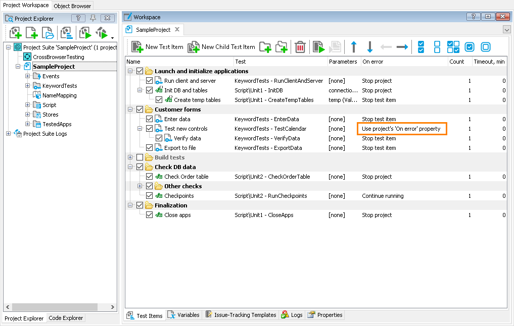 Configure a test item to use the project's On error property What's new in TestComplete 14.0: Set a test item to use project's On error property