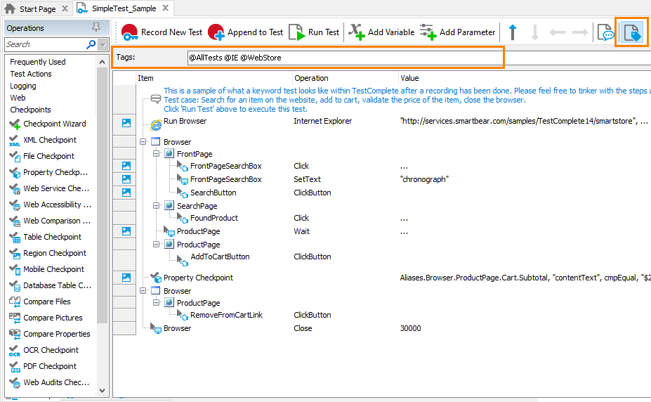 A keyword test with tags assigned What's New in TestComplete 14.20: A keyword test with tags assigned