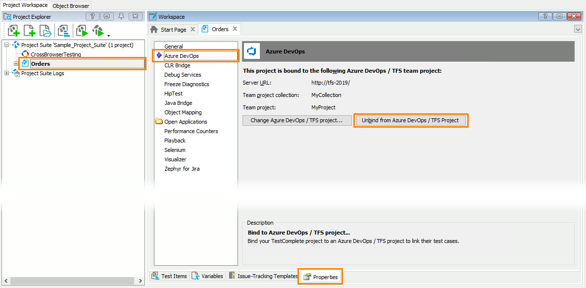 Unbinding TestComplete projects from Azure DevOps team projects What's New in TestComplete 14.30: Unbinding TestComplete projects from Azure DevOps team projects
