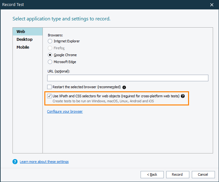 The new 'Use XPath and CSS selectors for web objects' check box in the New Project Wizard The new 'Use XPath and CSS selectors for web objects' check box in the New Project Wizard