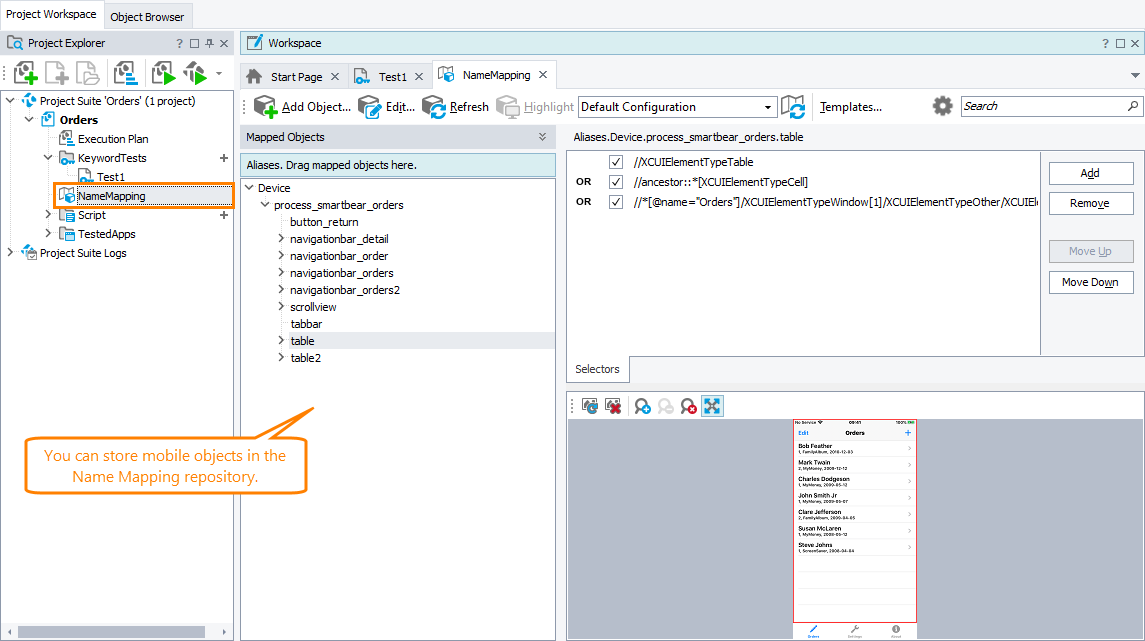 Adding mobile objects to the Name Mapping repository Adding mobile objects to the Name Mapping repository
