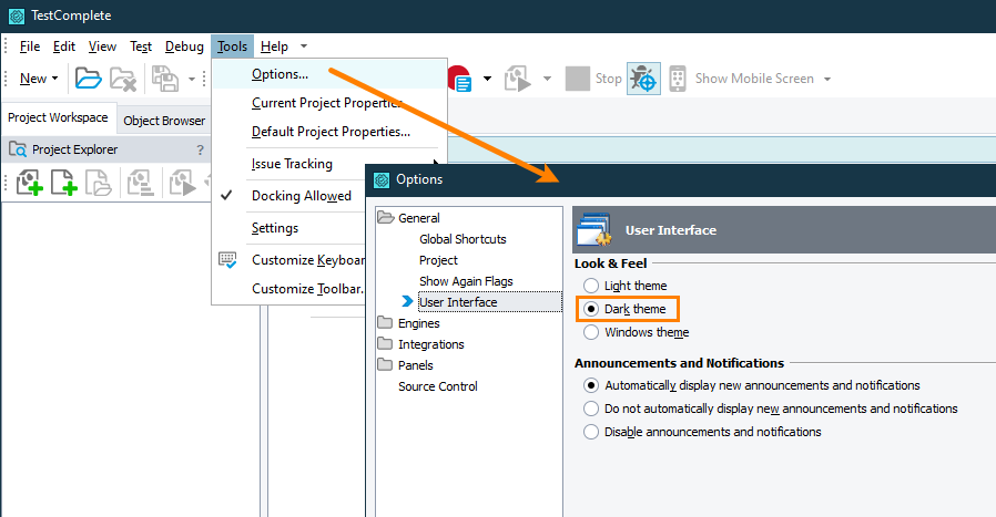 Enabling the dark theme in TestComplete Enabling the dark theme in TestComplete