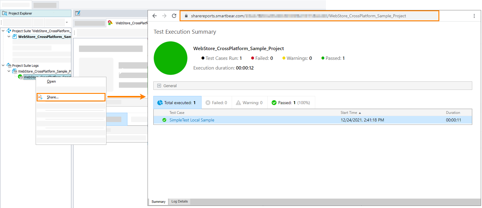 Viewing shared test logs in a web browser Viewing shared test log in a web browser