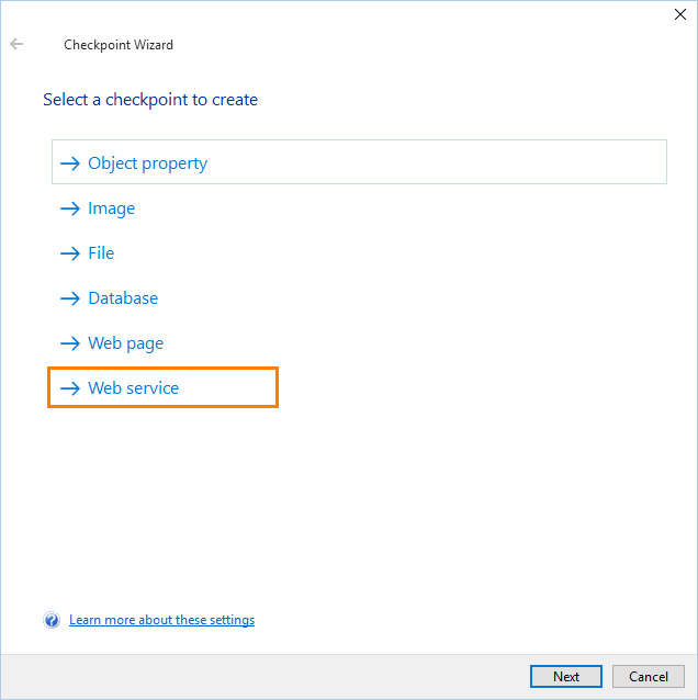 The Web Service command in the Checkpoint wizard The Web Service command in the Checkpoint wizard