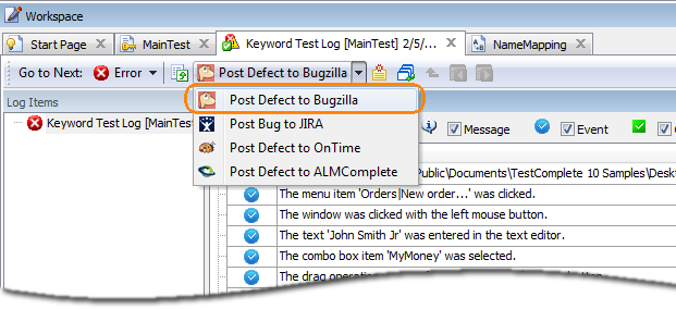 TestComplete Test Log: the Post Defect to Bugzilla menu item TestComplete Test Log: the Post Defect to Bugzilla menu item