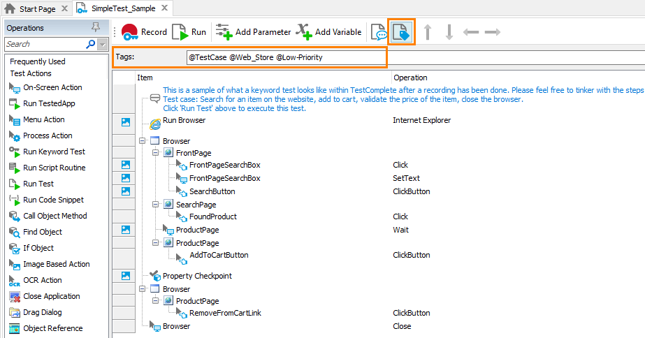 Keyword test with tags specified
