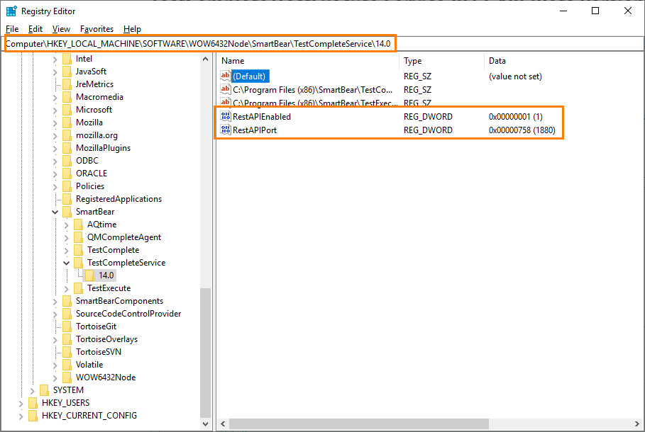 Configuring the Registry to enable the TestComplete Service REST API Configuring the Registry to enable the TestComplete Service REST API