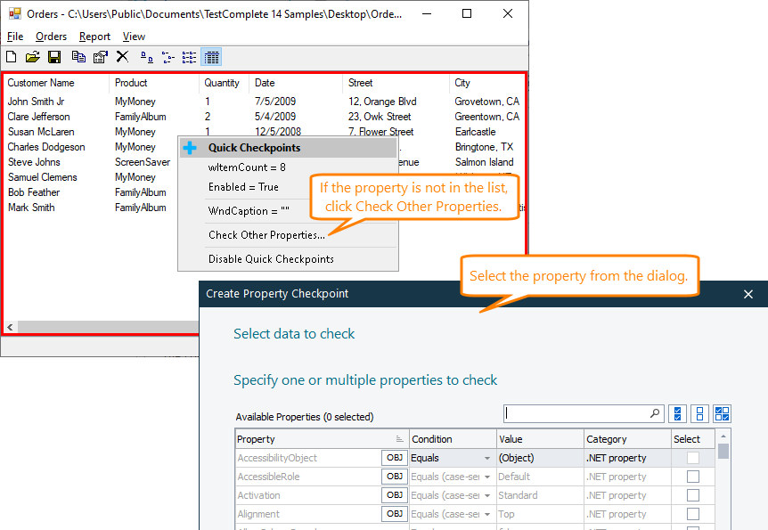Quick Checkpoints: Selecting other properties to check Quick Checkpoints: Selecting other properties to check