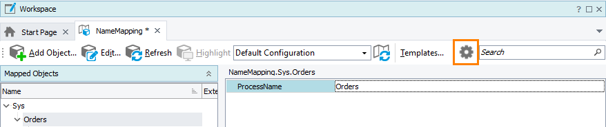 The Configure Name Mapping icon on the toolbar The location of the Configure Name Mapping icon on the toolbar