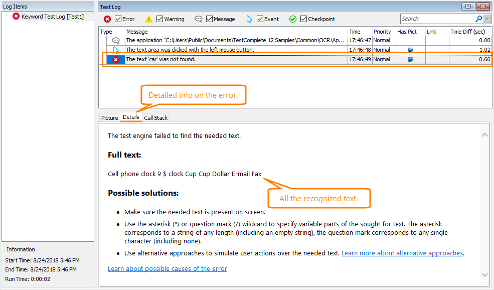 Detailed information on the error in the Details panel of the message Detailed information on the error in the Details panel of the message