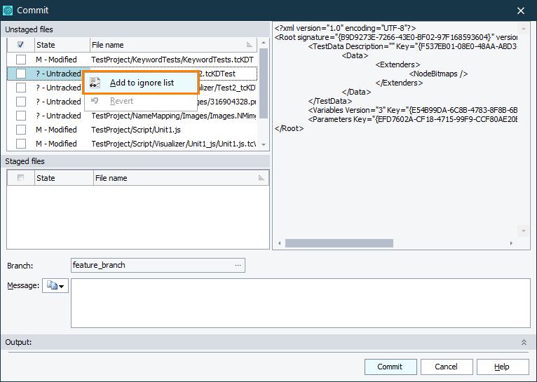 Adding a file to the ignore list via the TestComplete Commit dialog Adding file to the ignore list via the TestComplete Commit dialog