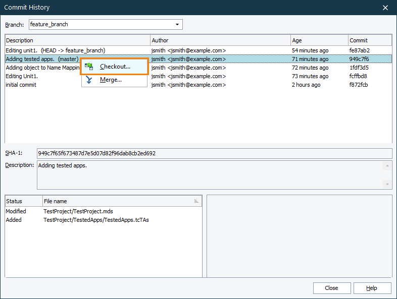 Rolling back via the TestComplete Commit History dialog Rolling back via the TestComplete Commit History dialog