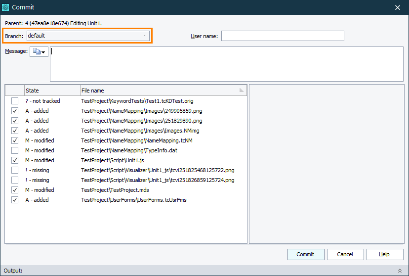 Managing Branches in the TestComplete Commit Dialog