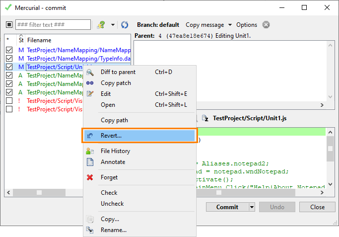 Reverting Chnages in TortoiseHg Commit Dialog Reverting Chnages in TortoiseHg Commit Dialog