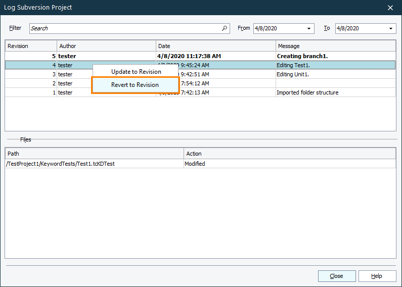 Reverting Changes in the Log Subversion Project Dialog Reverting Changes in the Log Subversion Project Dialog