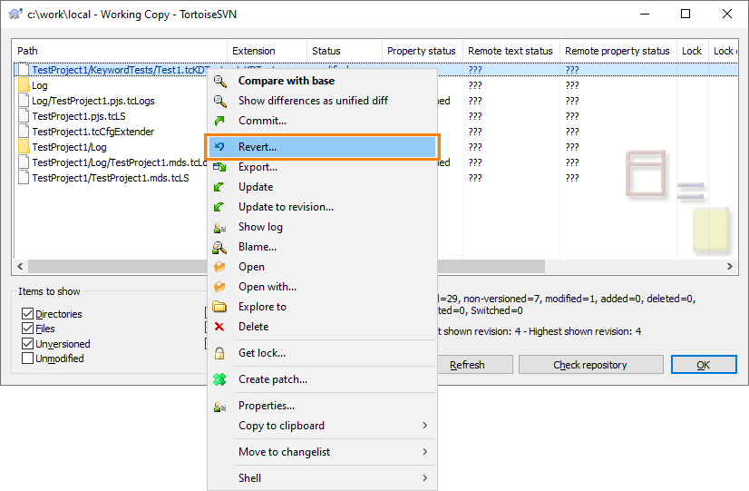 Reverting Local Changes via TortoiseSVN Check for Modifications Dialog Reverting Local Changes via TortoiseSVN Check for Modifications Dialog