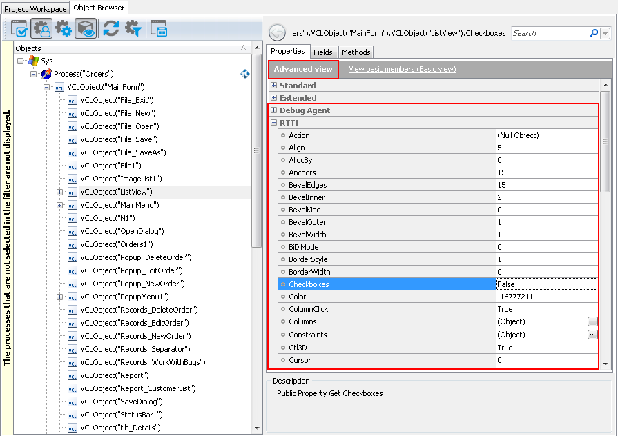 Native Properties of a Delphi ListView Object in the Object Browser Native Properties of a Delphi ListView Object in Object Browser