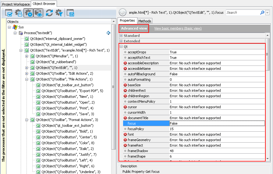Native Properties of a Qt TextEdit Object in Object Browser Native Properties of a Qt TextEdit Object in Object Browser