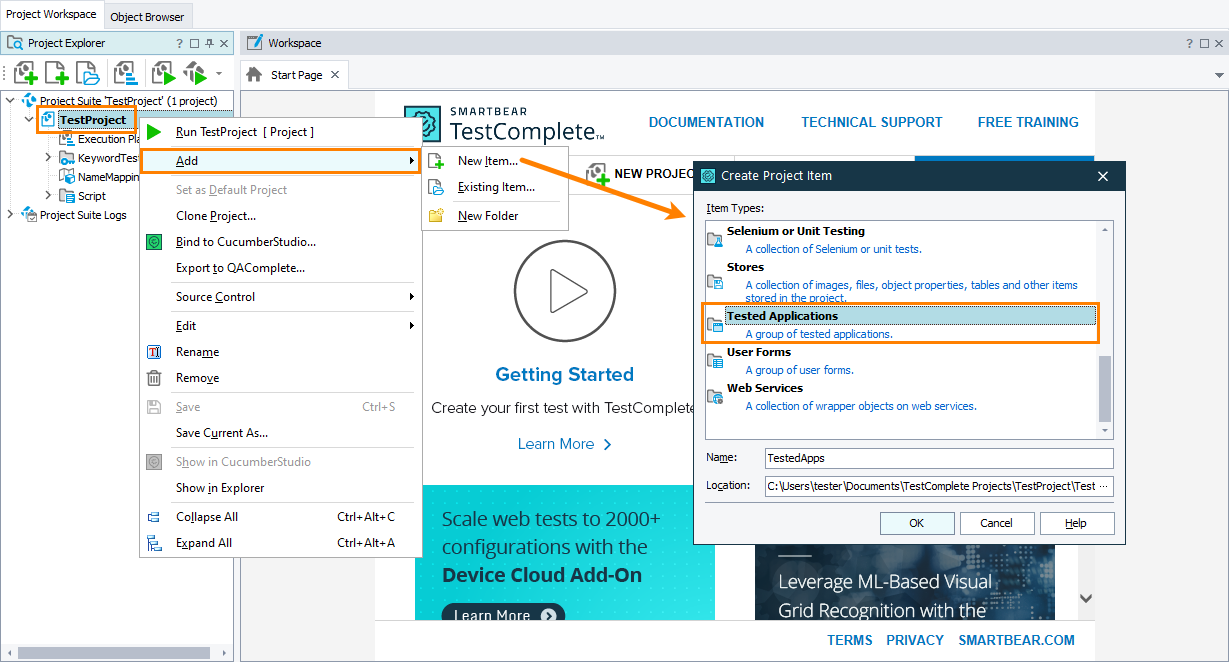 Adding the Tested Applications collection to a TestComplete project Adding the Tested Applications collection to a TestComplete project