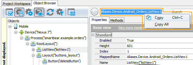 Android testing: Copying object name from the Object Browser Android testing: Copying object name from the Object Browser