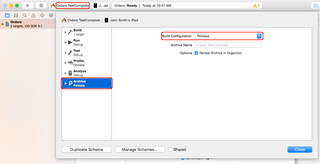 iOS testing with TestComplete: Archive settings in Xcode iOS testing with TestComplete: Archive settings in Xcode