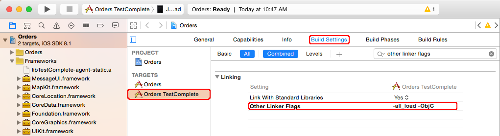 iOS testing with TestComplete: Setting target linker flags iOS testing with TestComplete: Setting target linker flags