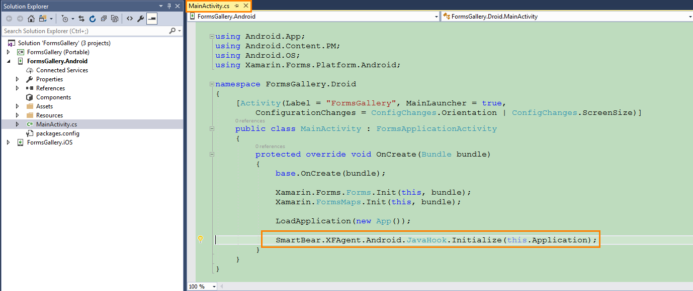 Initialization of TestComplete Android Agent for an Android Xamarin.Forms application Initialization the TestComplete Agent to the Xamarin.Forms Android Application