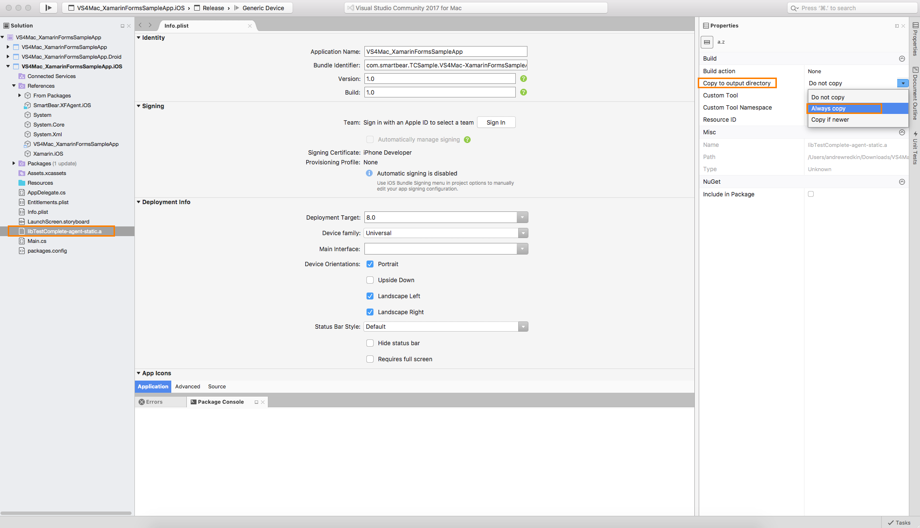Copying the libTestComplete-agent-static.a file to the output directory of a Xamarin.Forms iOS application Copying to Output directory for the Xamarin.Forms iOS Application