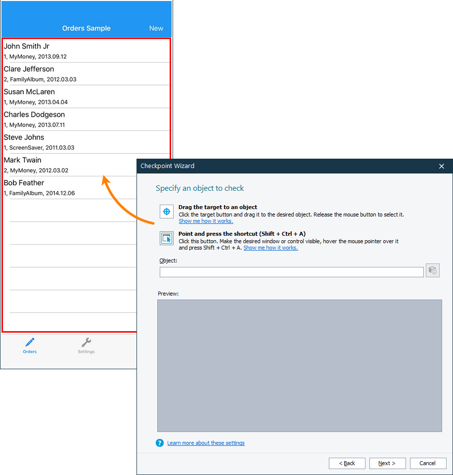 Testing Xamarin.Forms applications tutorial: Select the Orders list to check