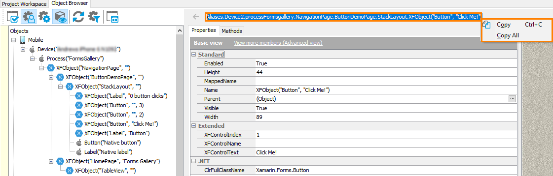 Xamarin.Forms testing: Copying an object name from the Object Browser Xamarin.Forms testing: Copying object name from the Object Browser
