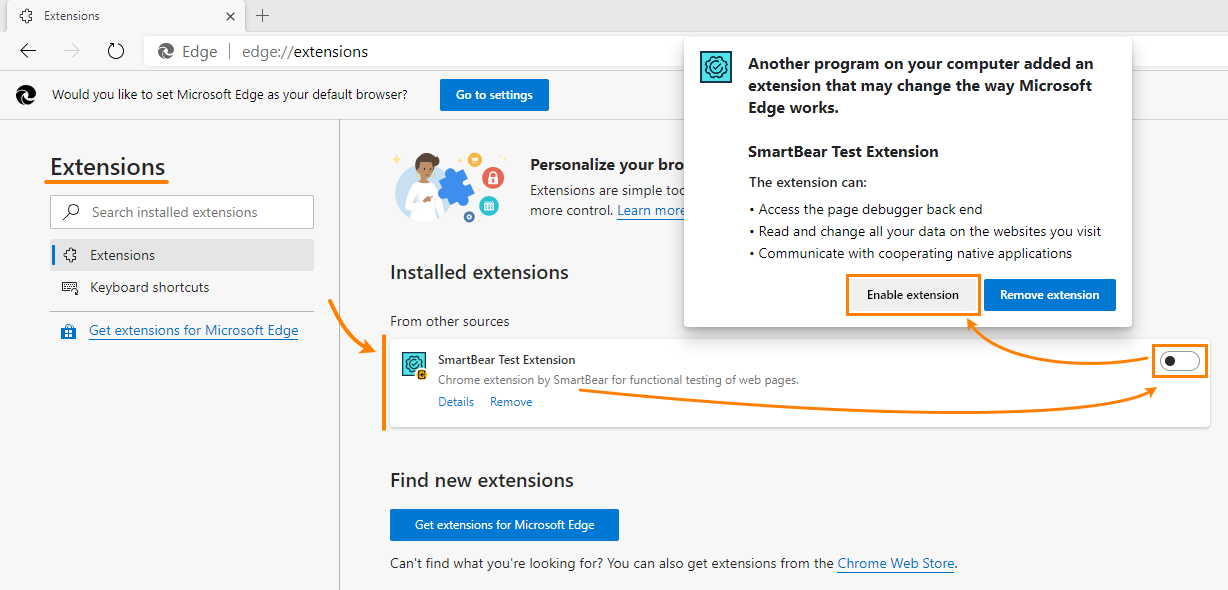 Enable the SmartBear Test Extension in Edge Enable the SmartBear Test Extension in Edge
