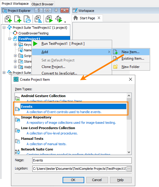 Add the Events collection to your TestComplete project Add the Events collection to your TestComplete project