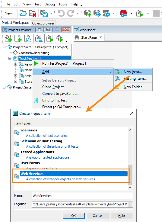 Add the WebServices collection to your TestComplete project Add the WebServices collection to your TestComplete project