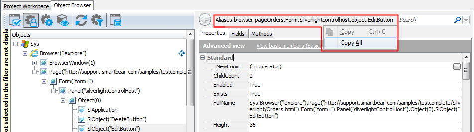 Copying the object name from the Object Browser Copying the object name from the Object Browser